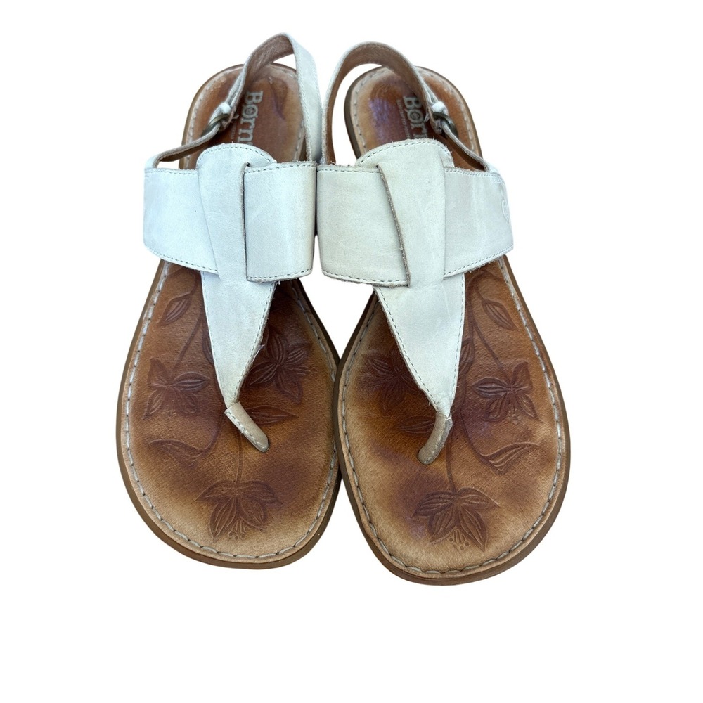 Born‎ Thong Sandals Womens Cream Leather Floral Embossed Slingback SIZE 9 - Picture 2 of 7